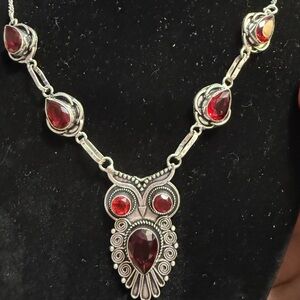Garnet & ruby Sterling Silver Owl Pendant Necklace